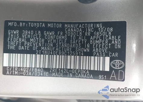 2009 Toyota Corolla Le из США, поврежденный, VIN 2T1BU40E89C125914